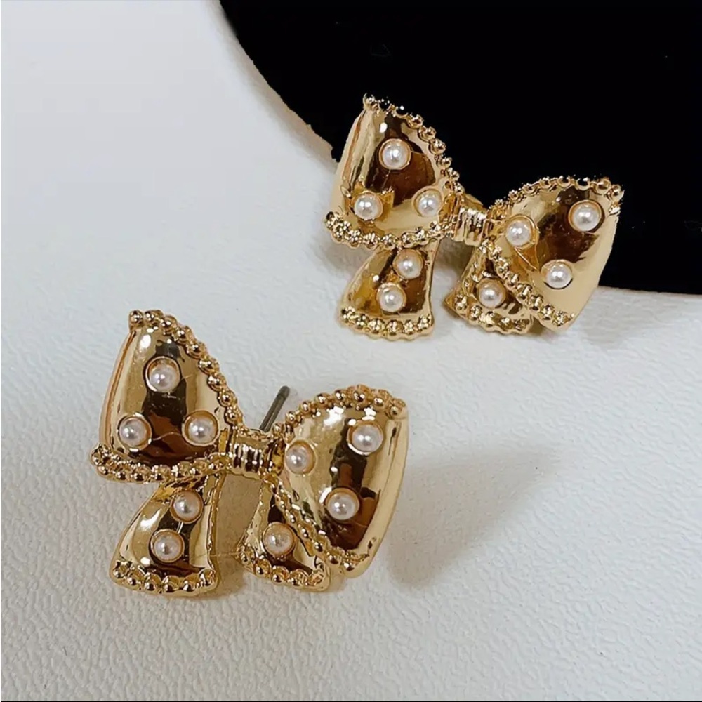 Gold Bow Stud Earrings Faux Pearl Crystal Embellished Coquette NWT